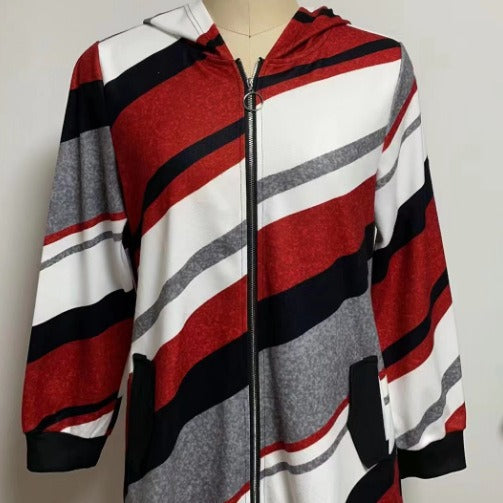 Dame nan Longline-hoodie med diagonal stribemønster, ringlynlås og sidelommer Skovae