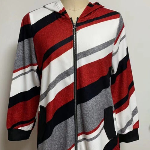 Dame nan Longline-hoodie med diagonal stribemønster, ringlynlås og sidelommer Skovae