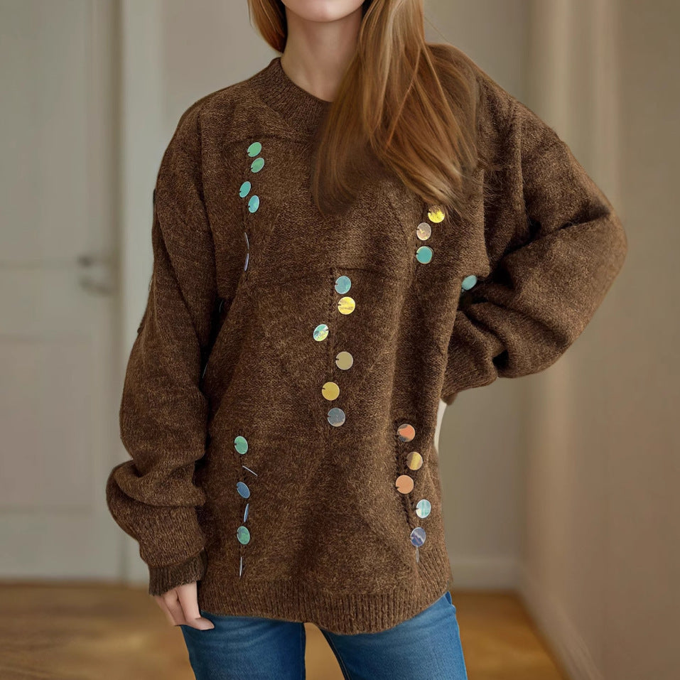 Dame hyggelig strikket pullover med glitrende perler Stilla