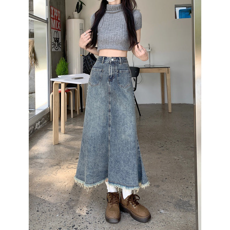 Kvindernes Lange Denim Nederdel med Flosset Kant Stilla