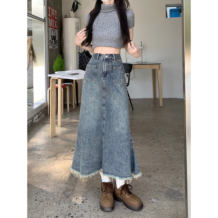 Kvindernes Lange Denim Nederdel med Flosset Kant Stilla