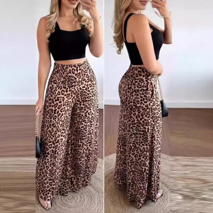 Dame Bred Leopardprint-bukser med høj talje og elastisk taljebånd Skovae