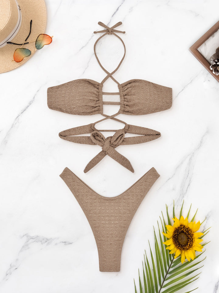 Dame Triangel-Bikini-Sæt med innovativt indpakningsdesign og fashionable ringe Stilla