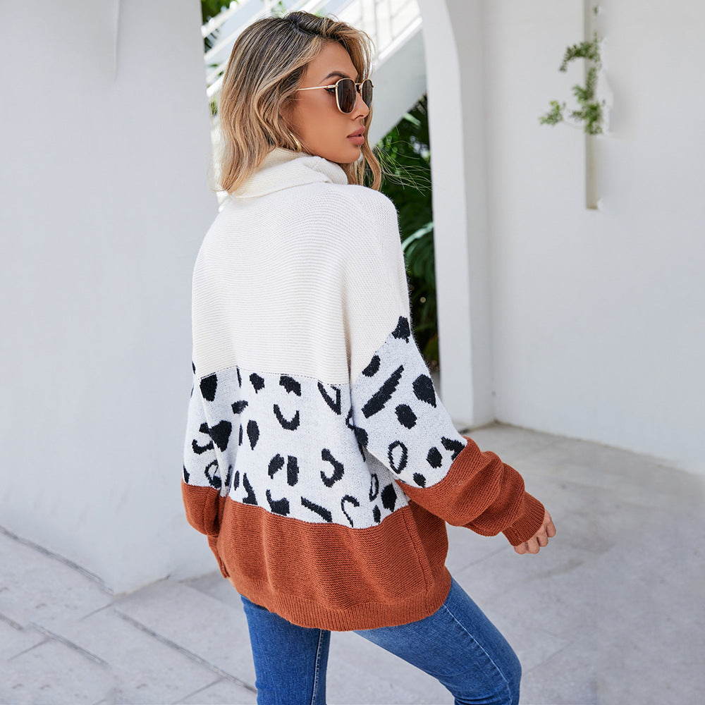 Kvinders fashionable hyggelig pullover med høj krave og dyremønster Stilla