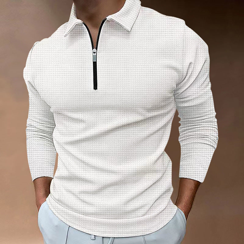 Herre langærmet poloshirt med kentkrave, kort frontlynlås og fin vaffelstruktur Skovae