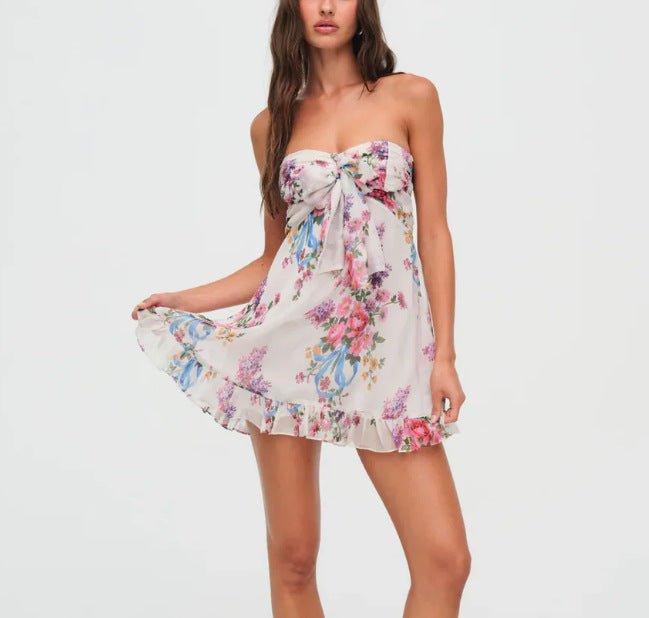 Dame uden stropper chiffon sommerkjole med blomsterdesign bandeau-top og flæsebesætning Skovae