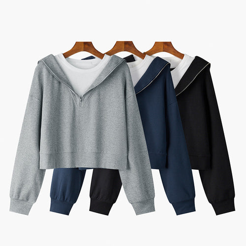 Dame Crop Zip-Up Hoodie med lagdelt look Stilla