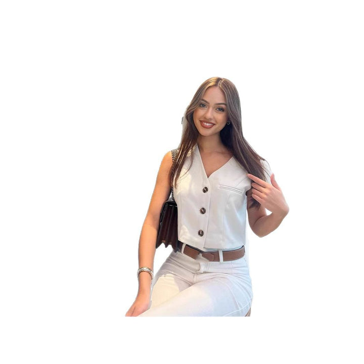 Dame alsidig Cropped Bluse med dekorative knapper og klassisk snit Stilla