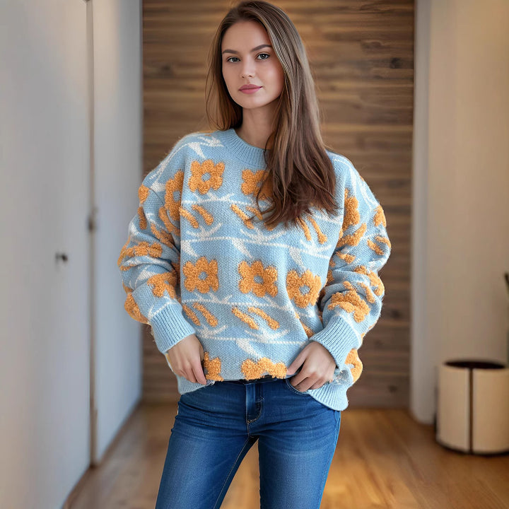 Kvindernes hyggelige strikket sweater med blomster 3D-applikationer Stilla