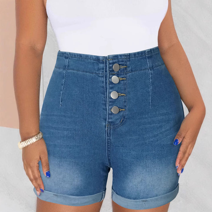 Dame højtaljede denim-shorts med knapdetaljer og opfoldet kant Stilla