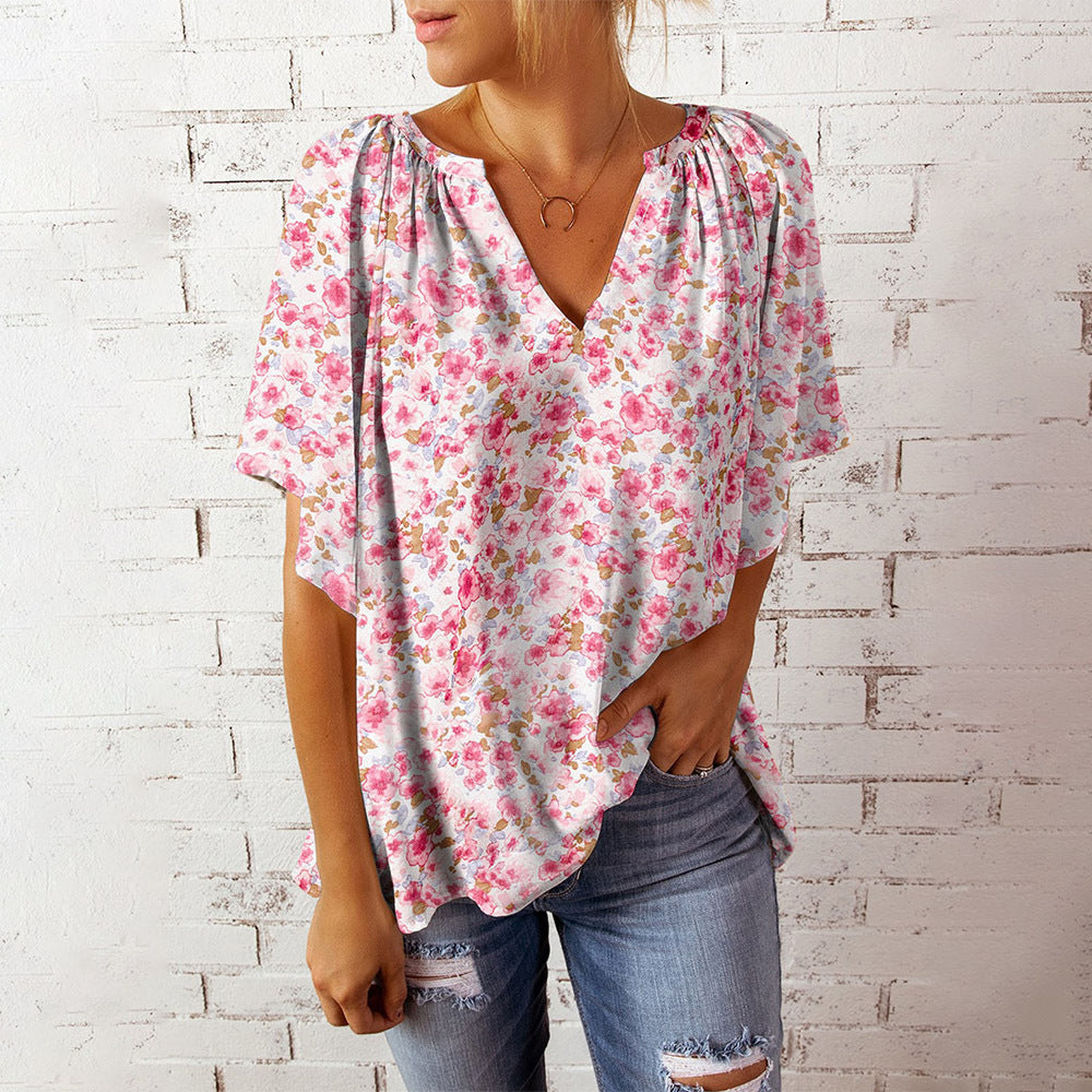 Dame blomster mønster V-hals bluse Stilla