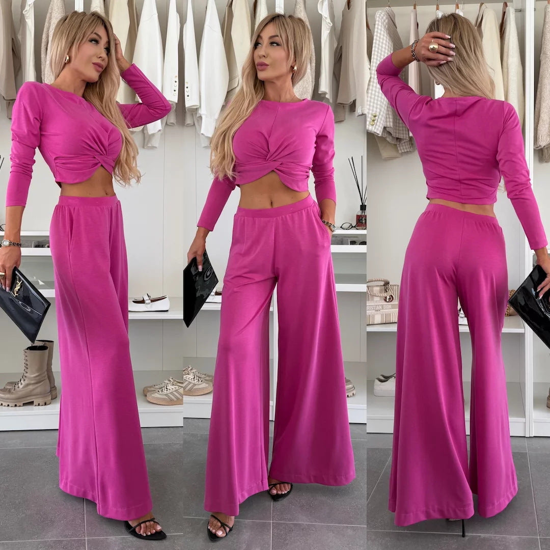 Kvinders elegante fritids sæt med crop top og bredskåret bukser