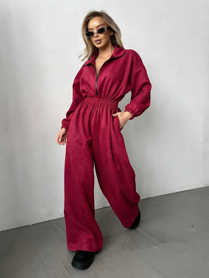 Kvinders fleece jumpsuit med høj krave og elastisk bånd