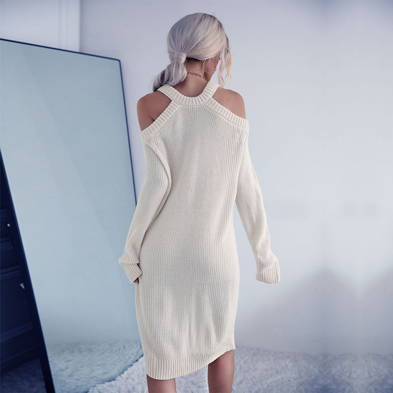 Kvinders Off-Shoulder Strikkjole med Elegant Talje Stilla