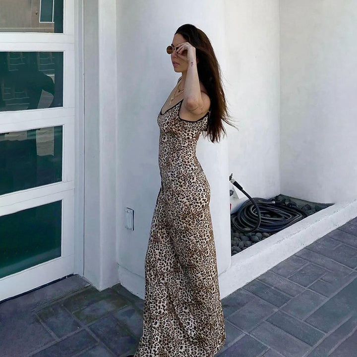 Dame elegant maxikjole med dyremønster og smalle stropper Skovae