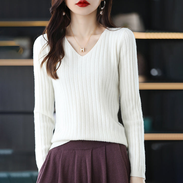 Femme Ribbet V-Udskæring Pullover Sweater Stilla