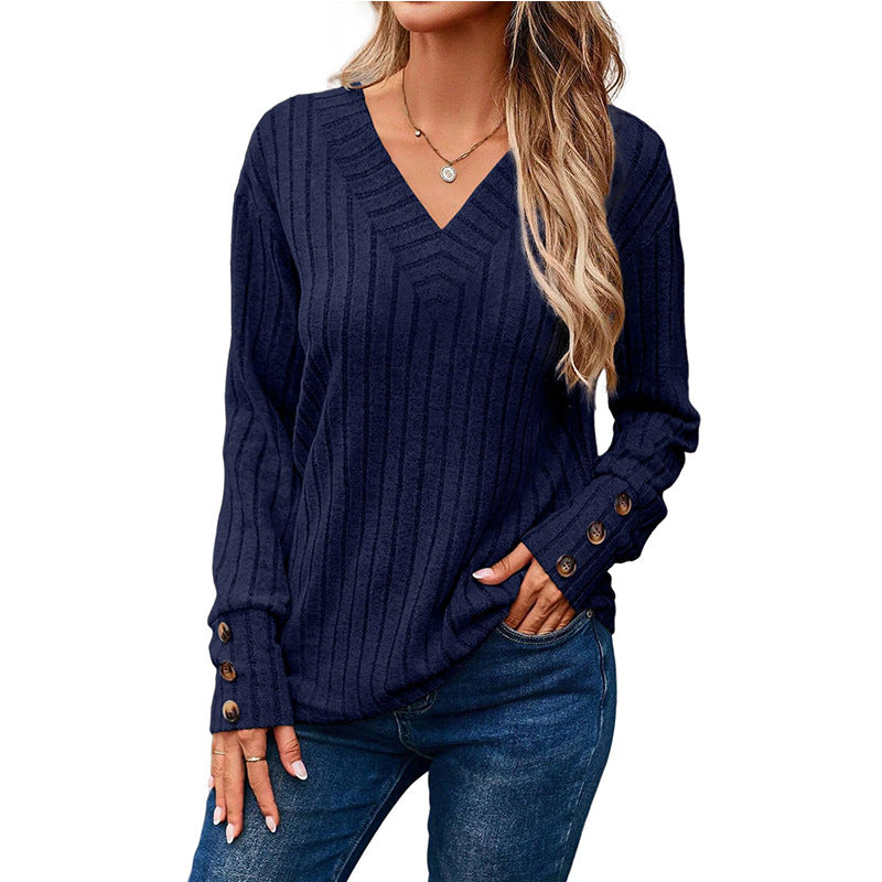 Dame afslappet V-hals sweater med fine striber Stilla