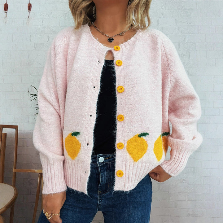 Kvinders hyggelige cardigan med citrussymbol og farverige knapper Stilla