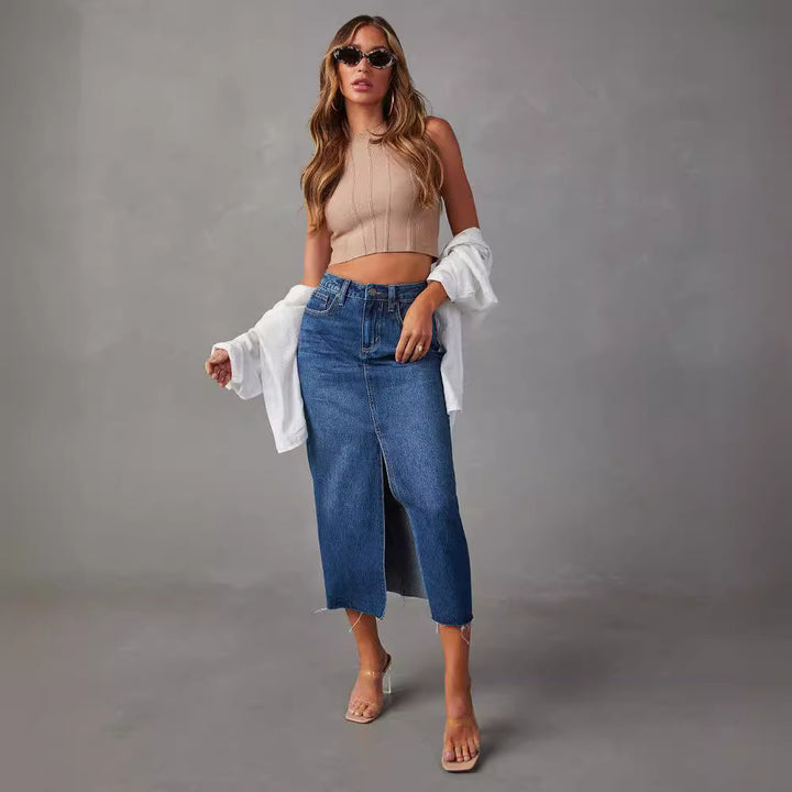 Femme Høj Slids Denim Midi Skirt Stilla