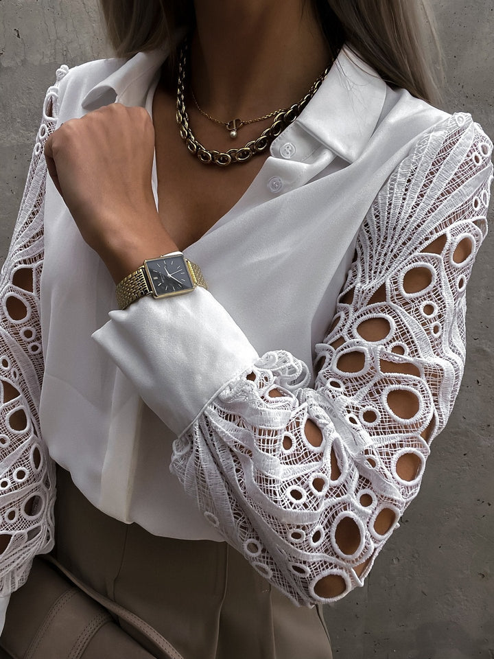 Stilla | Lace Sleeve Bøj Ned Krave Skjorte Bluse Top