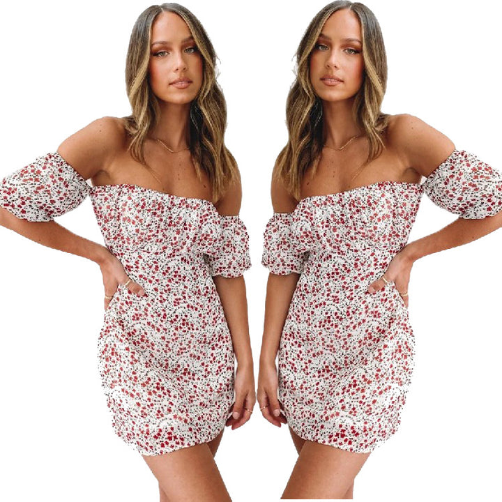 Women Off-Shoulder Mini Dress with Voluminous Sleeves and Floral Design