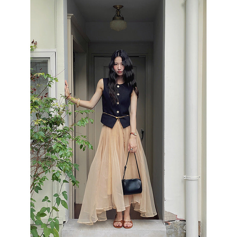 Dame plisseret maxi-nederdel i let chiffon med svingende snit Stilla