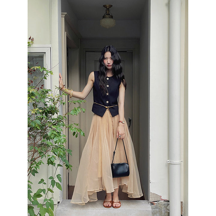Dame plisseret maxi-nederdel i let chiffon med svingende snit Stilla