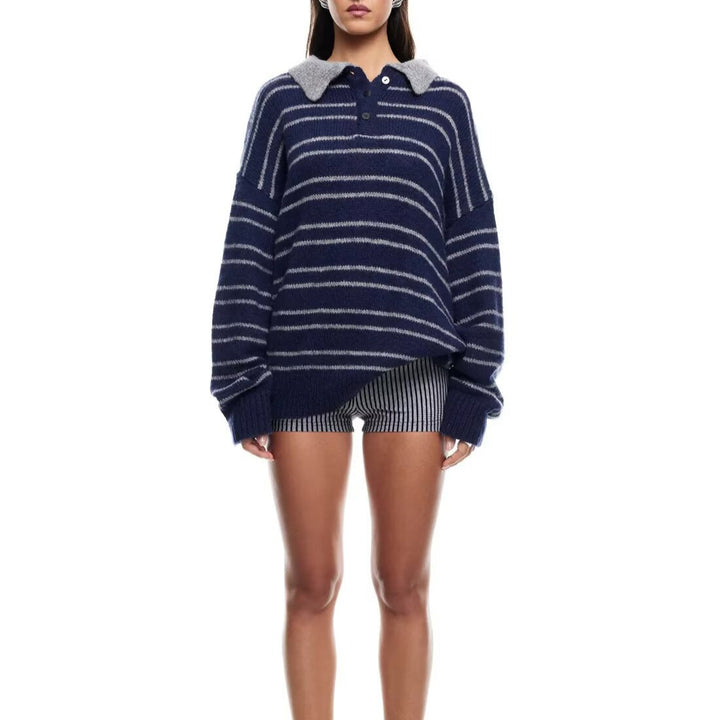Kvinders afslappet sweater med kontrasterende krave og moderne striber Stilla