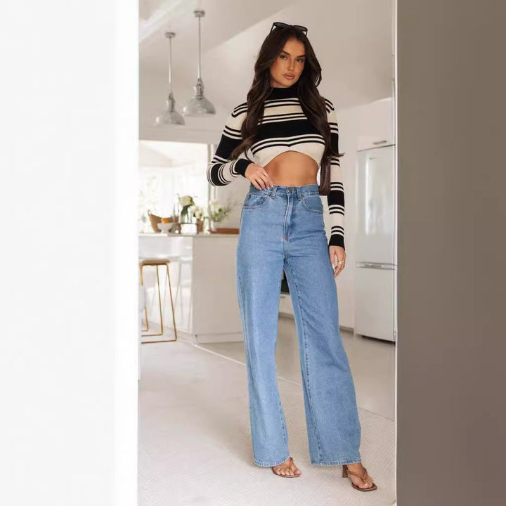 Dame brede denim jeans med højtaljet snit og frynset kant Stilla