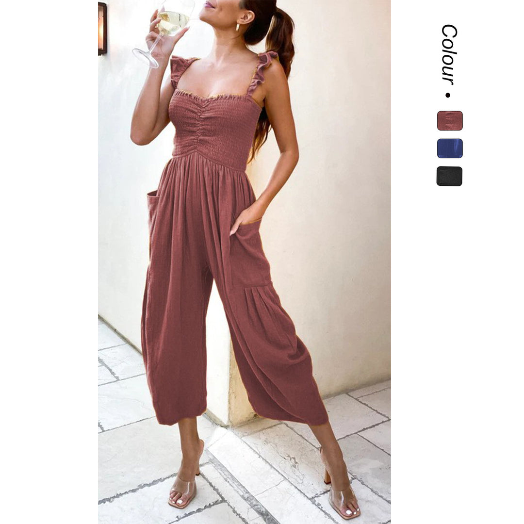 Dame Casual Jumpsuit med Flæse Stropper og Praktiske Lommer