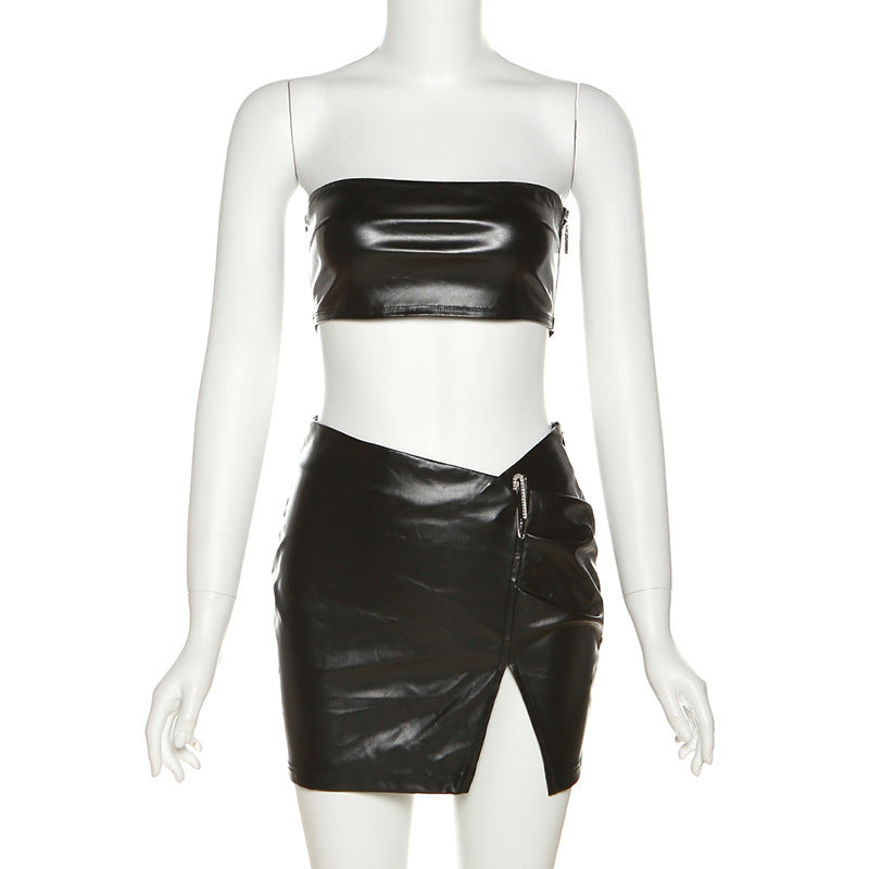 Dame Kunstlæder-Crop-Top og Mini nederdel sæt med asymmetrisk snit og dekorative detaljer Stilla
