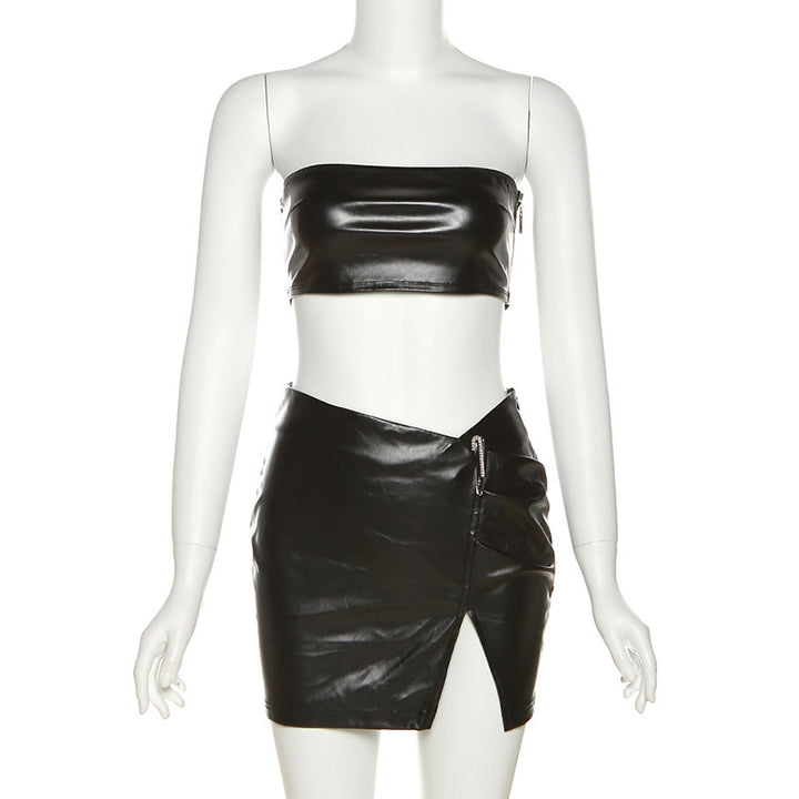 Dame Kunstlæder-Crop-Top og Mini nederdel sæt med asymmetrisk snit og dekorative detaljer Stilla