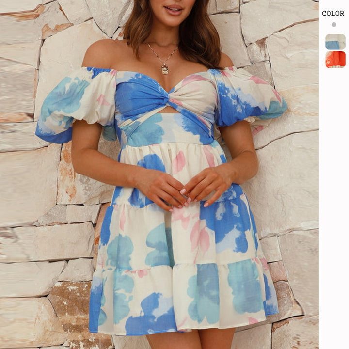 Dame lette sommer mini kjoler med blomster mønster, ballonærmer og knudeudskæring