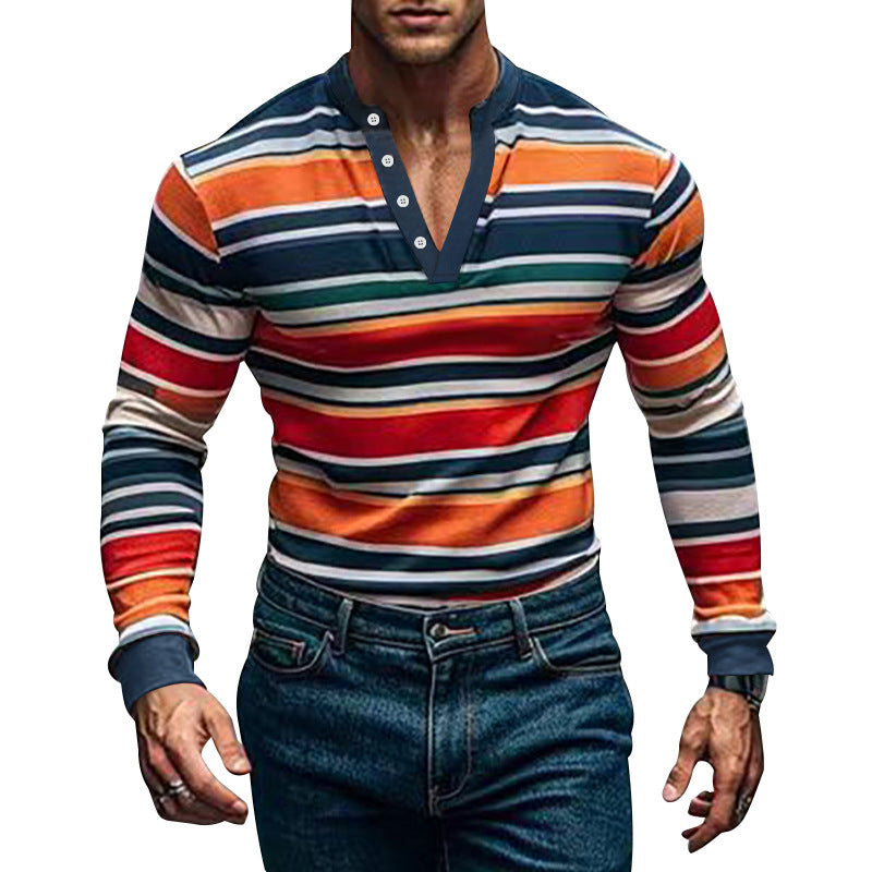 Herren nan stribet Langærmet Henley-shirt med højsnit og knaplukning Skovae