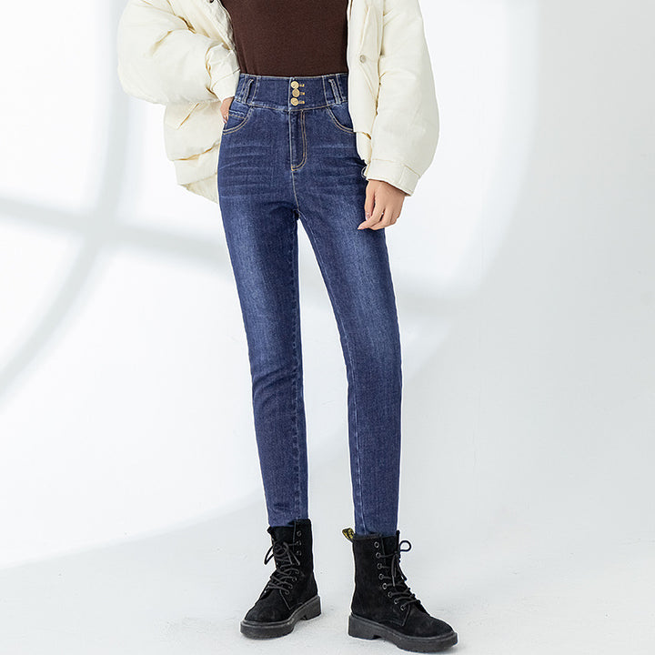 Dame højtaljede jeans med stilfuld knapdetalje og elastisk talje Stilla