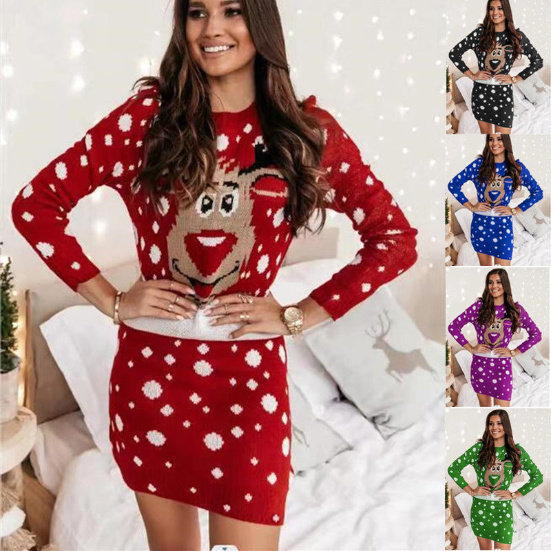 Dame sweaterkjole med sjovt rensdyrmotiv fra Stilla