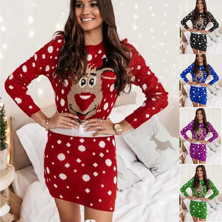Dame sweaterkjole med sjovt rensdyrmotiv fra Stilla