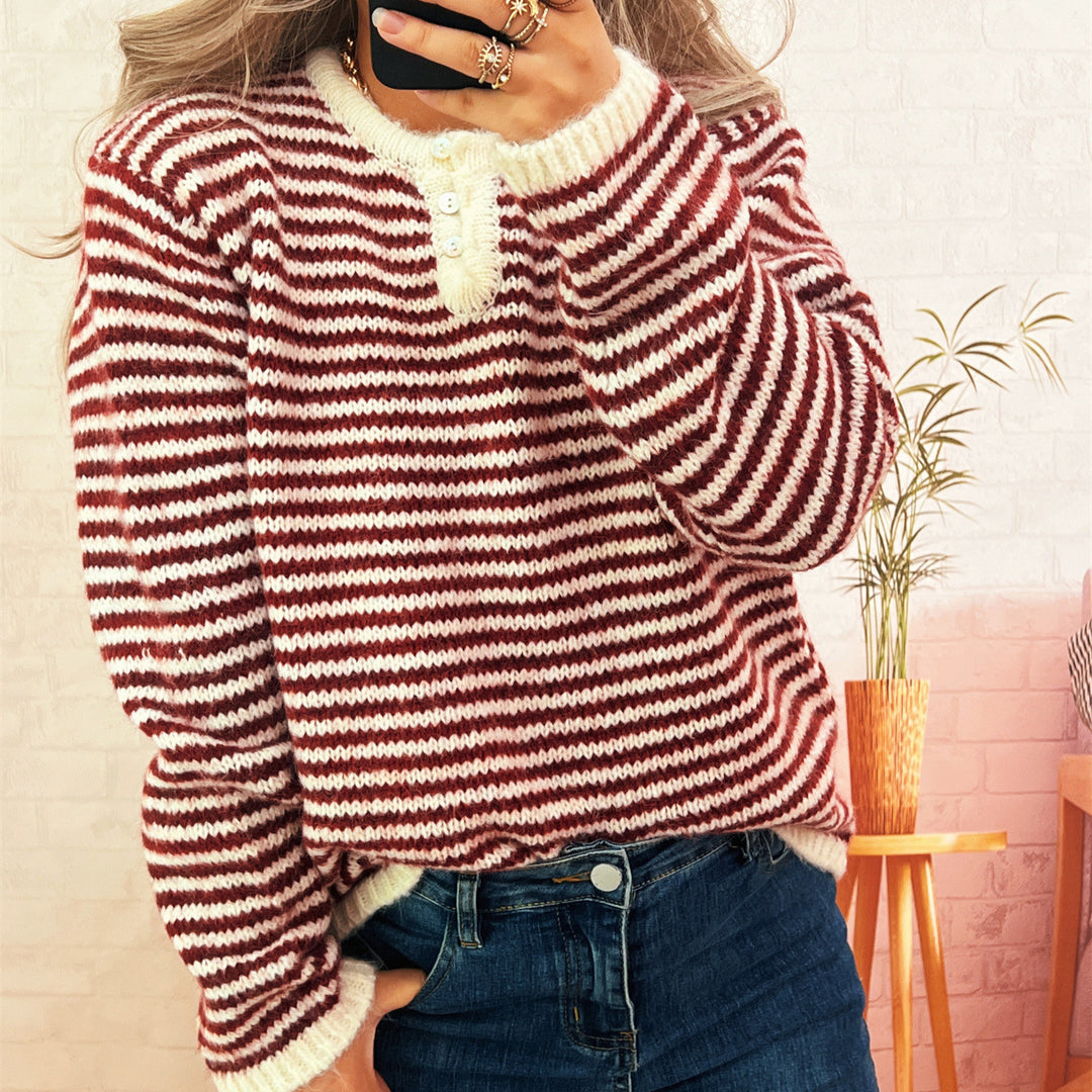 Kvinder casual stribet sweater med knapliste og rund halsudskæring Stilla