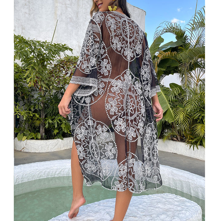 Dame Hæklet Strandkimono med florale accenter og elegante frynser Stilla