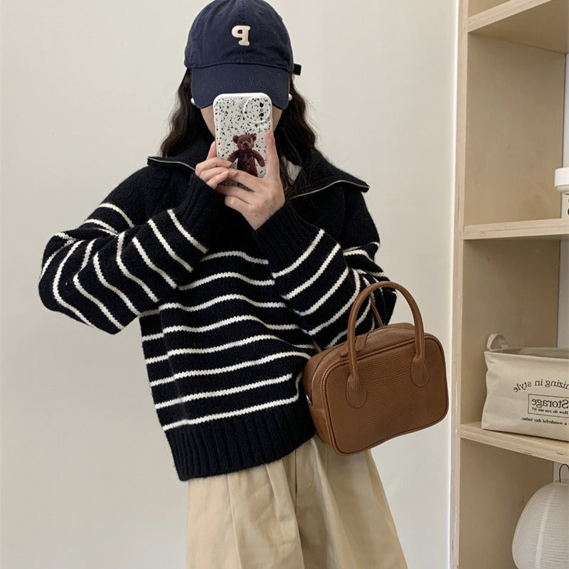 Kvinders casual strikket sweater med sporty krave og stribemønster Stilla