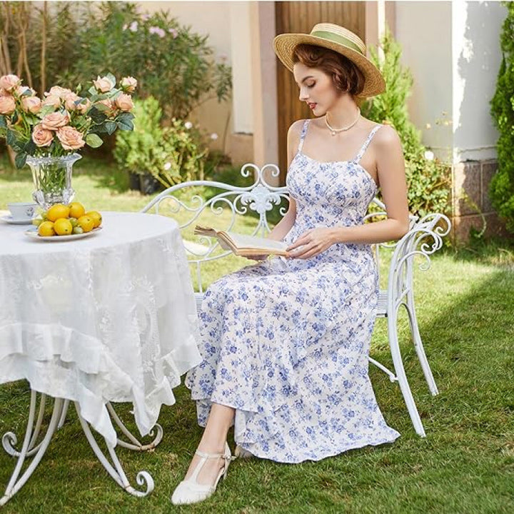 Dame fritidsmaxikjole med fine flæsedetaljer og blomsterdesign Skovae