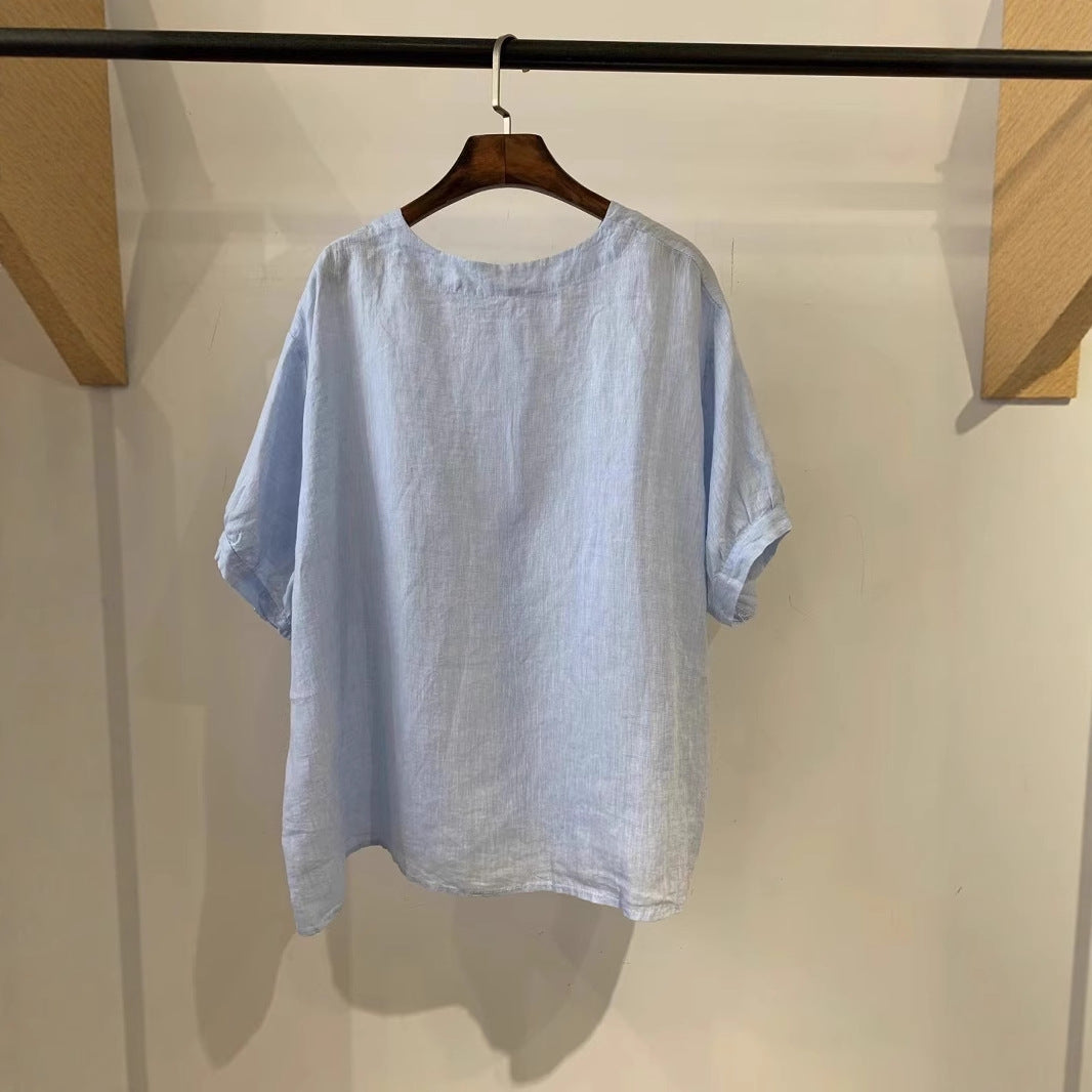 Femme Relaxed Fit Blødt Linned Kortærmet Skjorte Stilla