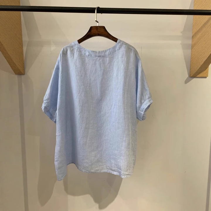 Femme Relaxed Fit Blødt Linned Kortærmet Skjorte Stilla