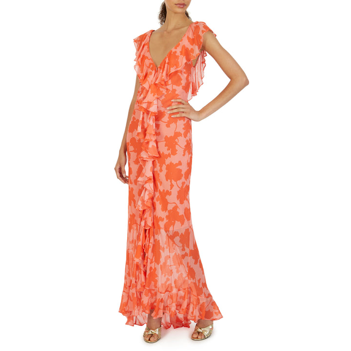 Dame Elegant Maxi-Kjole med florale Flæsedetaljer og V-udskæring Stilla