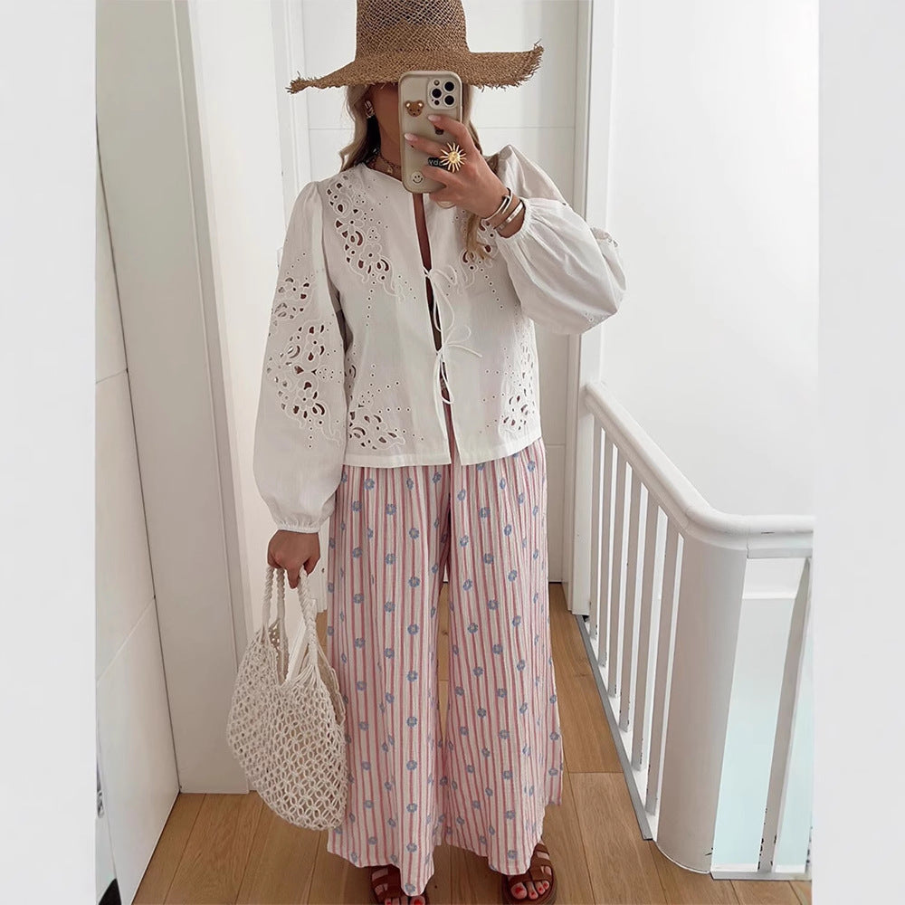 Dame Broderie Anglaise Bluse med voluminøse ærmer Stilla