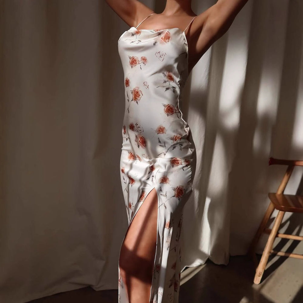Dame Elegant Satin-Midi-Kjole med floralsk mønster og høj split Stilla
