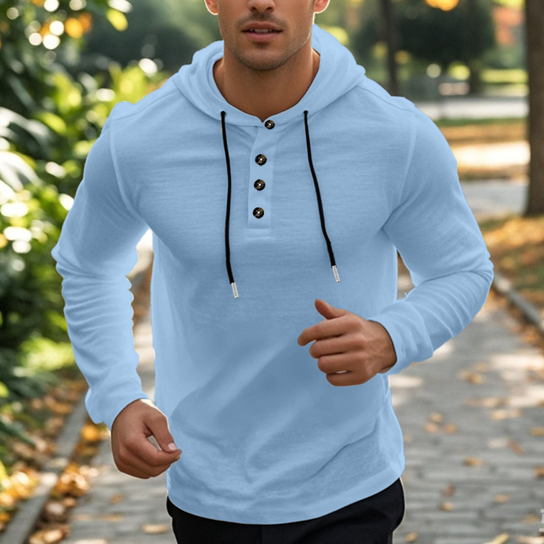 Herrer casual hættepullover i Henley-stil med knaplukning og justerbar snor Skovae