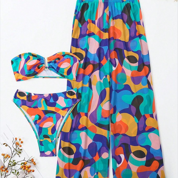 Dame Bohemian Print Bikini med flydende Cover-Up Bukser Stilla