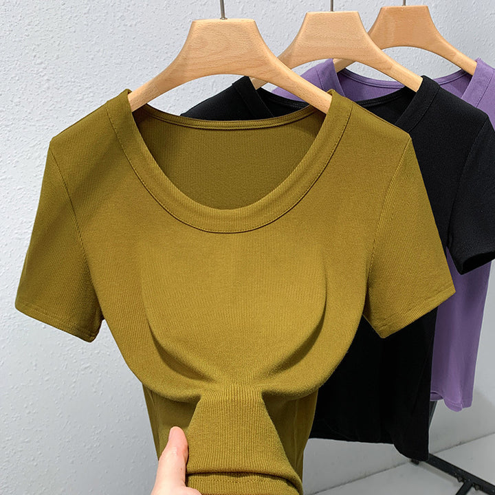 Dame kortærmet shirt med blød ribstruktur og klassisk rund halsudskæring Stilla