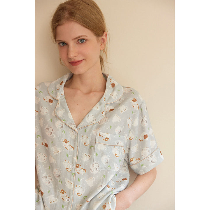 Dame Kortærmet Pyjamasæt med kreativt Dyrdesign og blødt Stof Stilla